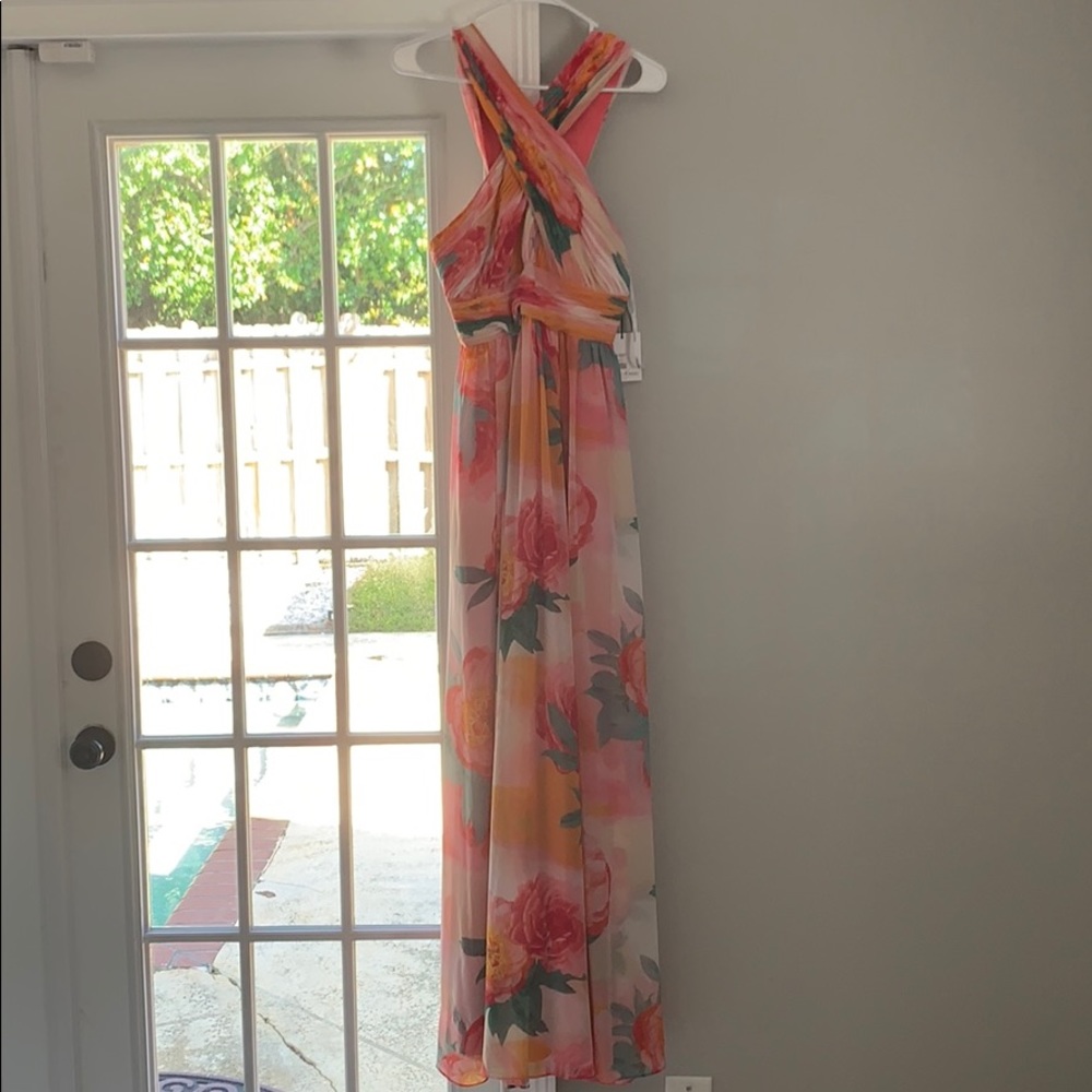 Calvin Klein pink floral gown cross neck